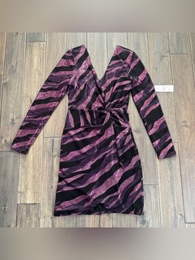 Siena Studio Metallic Shimmer Side-Twist Long-Sleeve Dress Purple Zebra 10 NWT